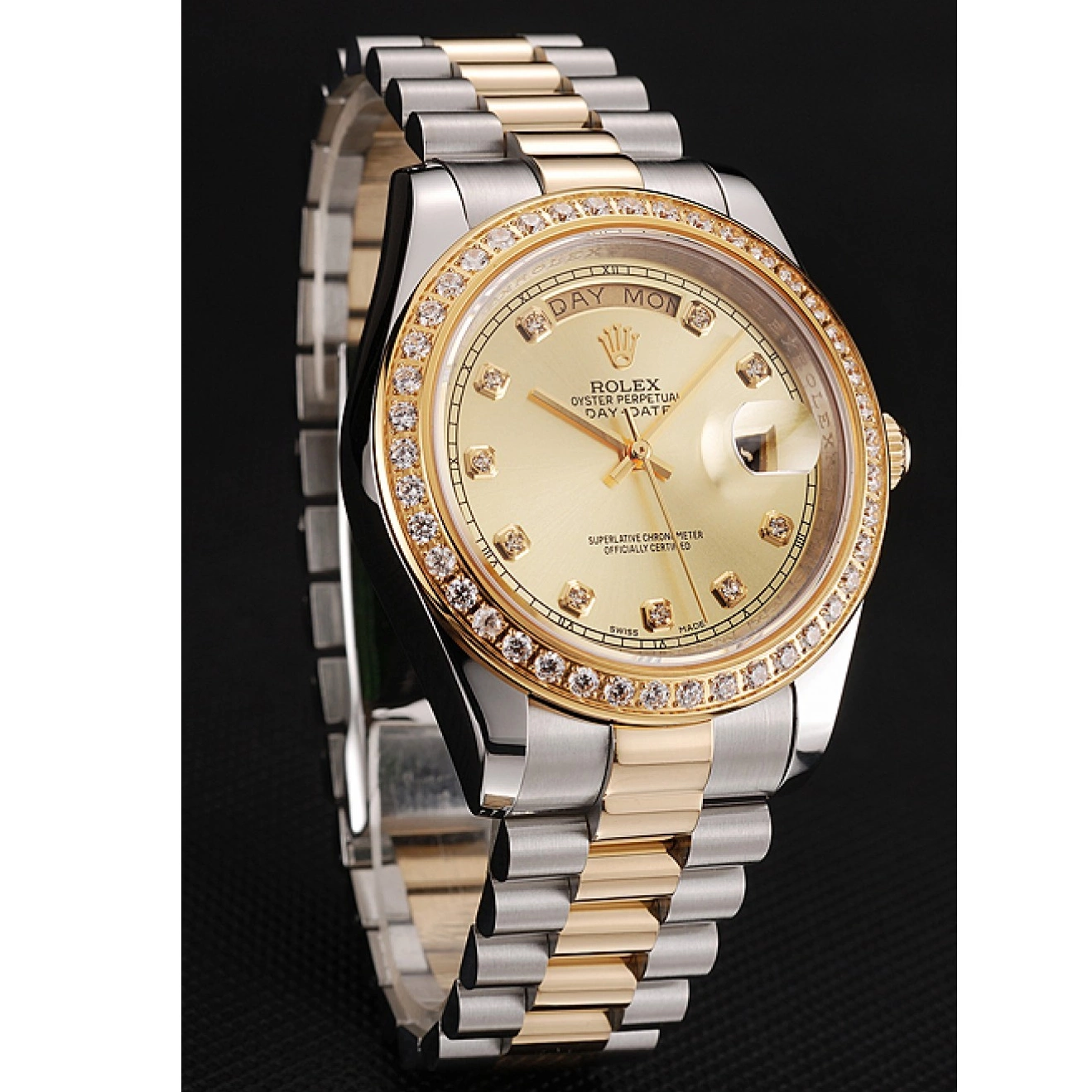 Aaa replica watch Rolex Tone Gold Dial Champagne Case Swiss 1453974 Diamond Day-Date Stainless Steel Two Bracelet 0520